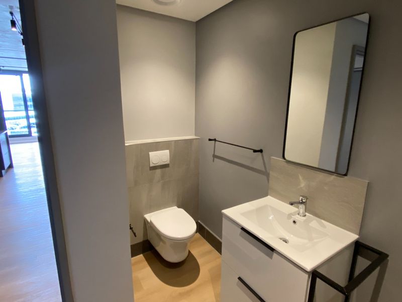 Modern bathroom featuring a wall-hung toilet with concealed cistern, vanity cabinet with basin, and contemporary fixtures.