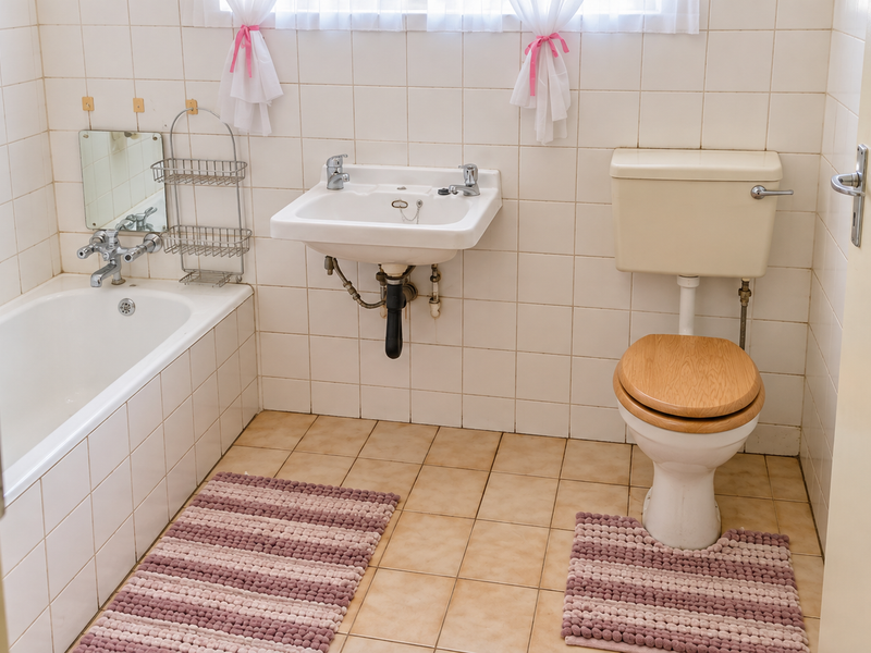 A functional bathroom featuring a bathtub, wall-mounted basin, and toilet with classic ceramic tiling throughout.