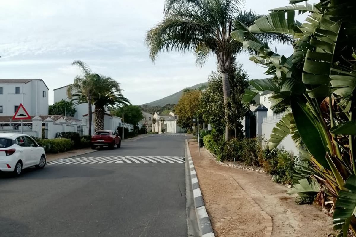 A view of the residential street approach featuring paved roads, painted curbs, and established landscaping.