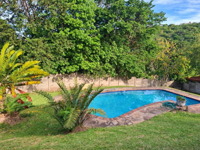 A private swimming pool set within a lush, landscaped garden featuring stone coping and a secure boundary wall.