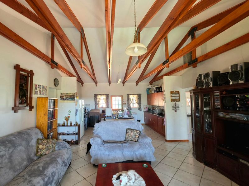 Spacious open-plan living and kitchen area featuring high vaulted ceilings with exposed timber trusses and neutral ceramic floor tiling throughout.