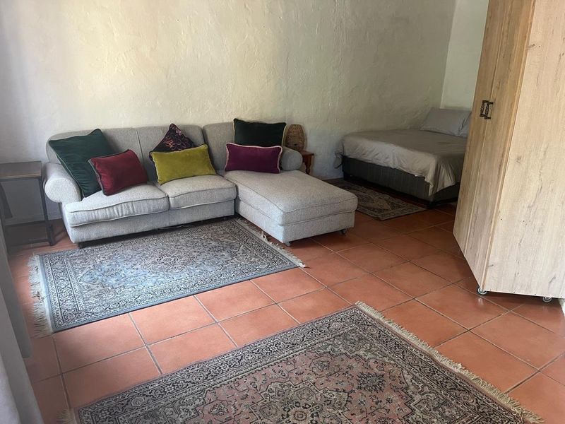 An open-plan living and sleeping area featuring traditional terracotta floor tiles and textured wall finishes, offering a versatile layout.