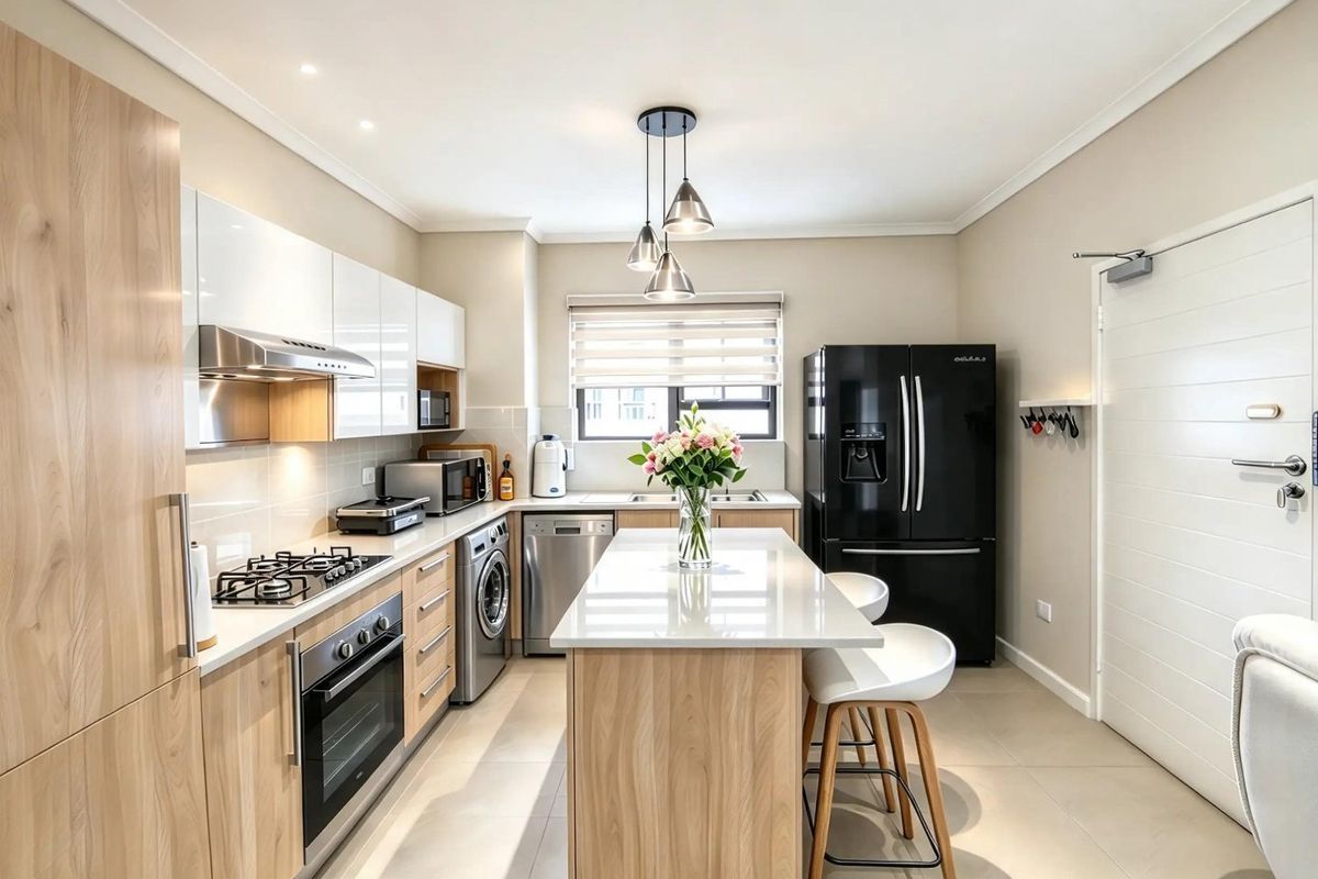 Modern kitchen featuring light wood cabinetry, quartz countertops, a central island, and integrated appliances, offering a clean and functional culinary space.