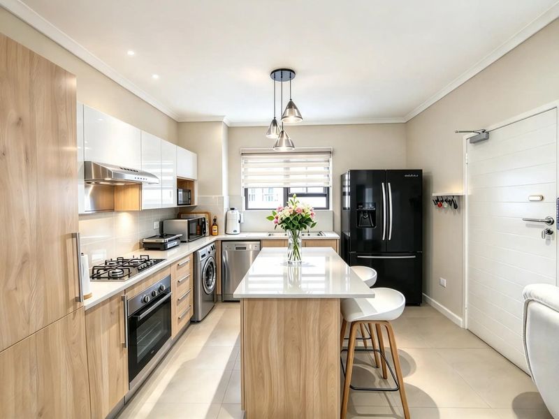 Modern kitchen featuring light wood cabinetry, quartz countertops, a central island, and integrated appliances, offering a clean and functional culinary space.