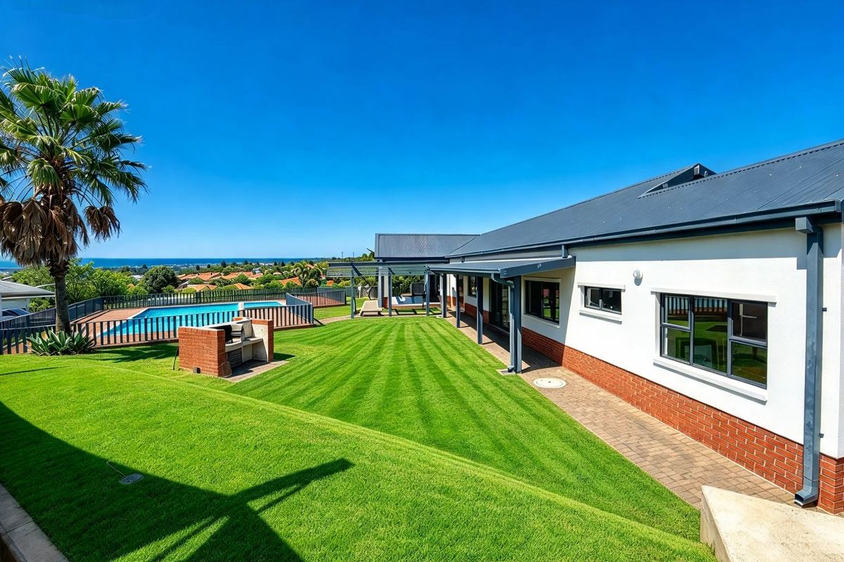 Spacious rear garden featuring a well-maintained lawn, swimming pool, built-in brick braai, and a covered patio area with scenic coastal views.