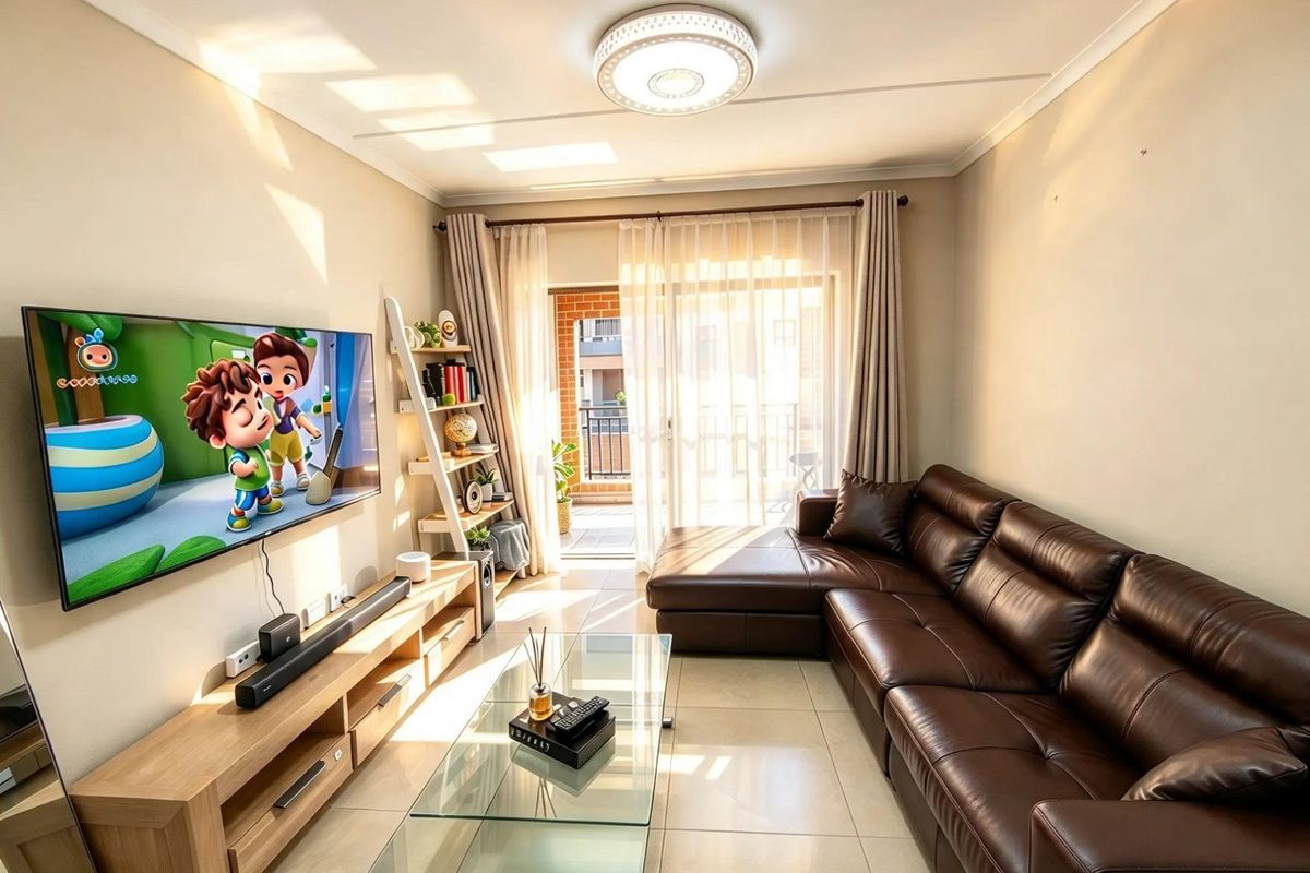 A bright and well-maintained living room featuring tiled floors, a coved ceiling, and a sliding glass door leading to an outdoor balcony.