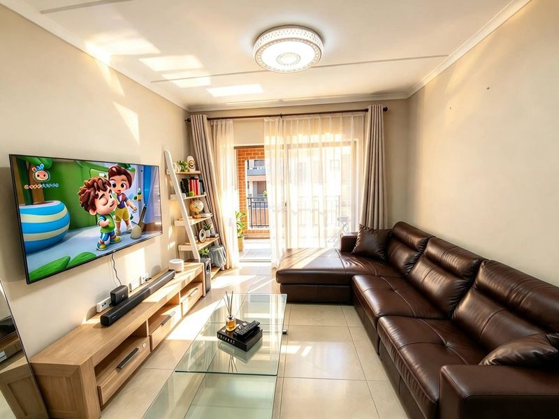 A bright and well-maintained living room featuring tiled floors, a coved ceiling, and a sliding glass door leading to an outdoor balcony.
