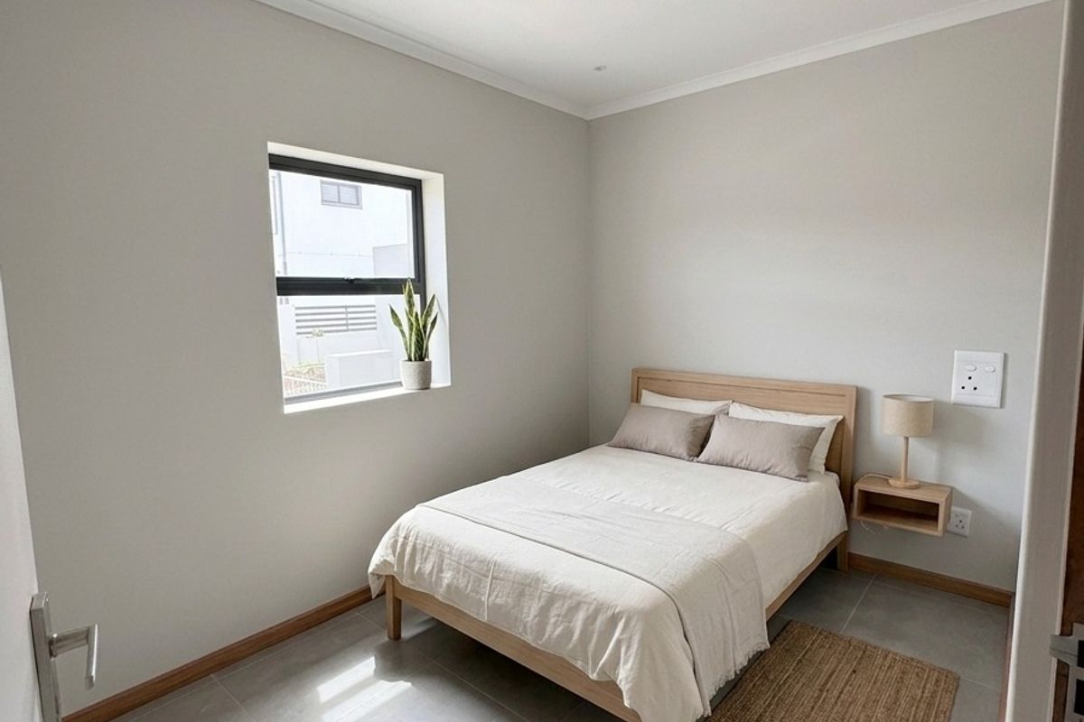 A clean, modern bedroom featuring neutral wall tones, large format floor tiles, recessed lighting, and an aluminium-framed window.