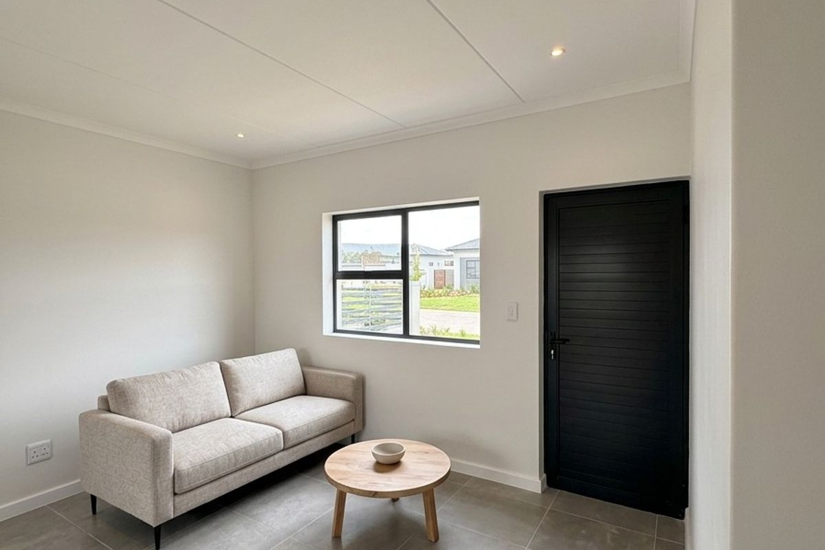 A bright, modern living area featuring neutral tiled flooring, recessed lighting, and a contrasting black door and window frame.