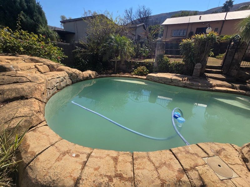 Outdoor swimming pool area featuring rock-cladding coping, surrounding garden landscaping, and wrought iron fencing.
