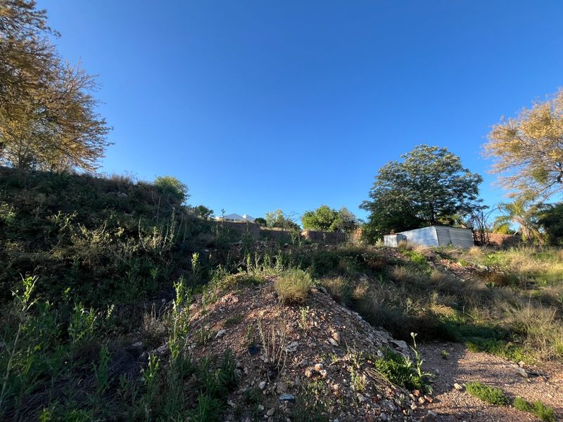 A sloped residential plot featuring natural vegetation, a small corrugated metal shed, and existing retaining wall structures.