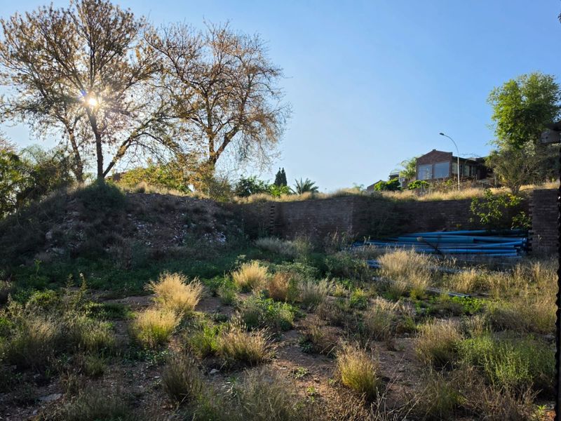 A vacant residential plot featuring a retaining wall and scattered piping, surrounded by mature trees and natural vegetation.