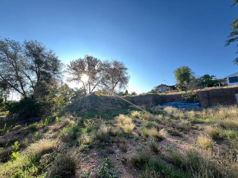 A view of the sloped residential land featuring a brick retaining wall and natural vegetation under a clear sky.