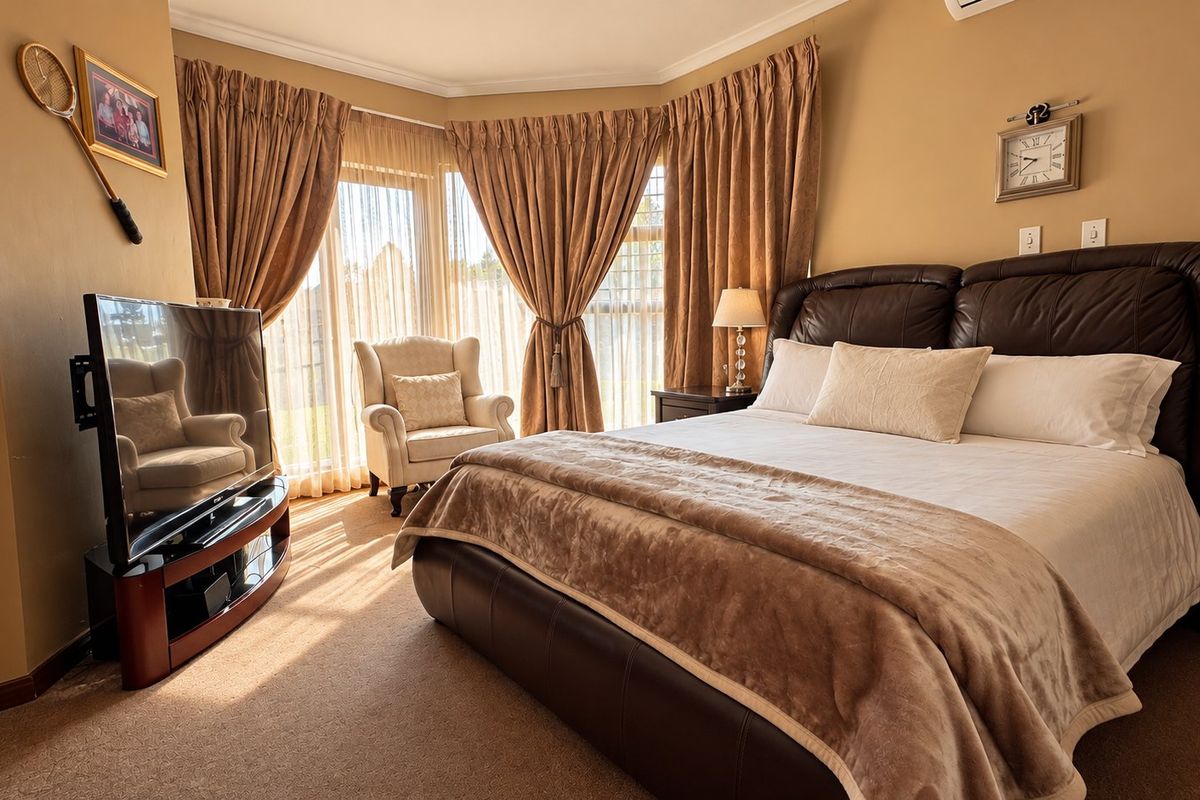 Spacious bedroom featuring carpeted flooring, a large bay window with natural light, and a wall-mounted air conditioning unit.