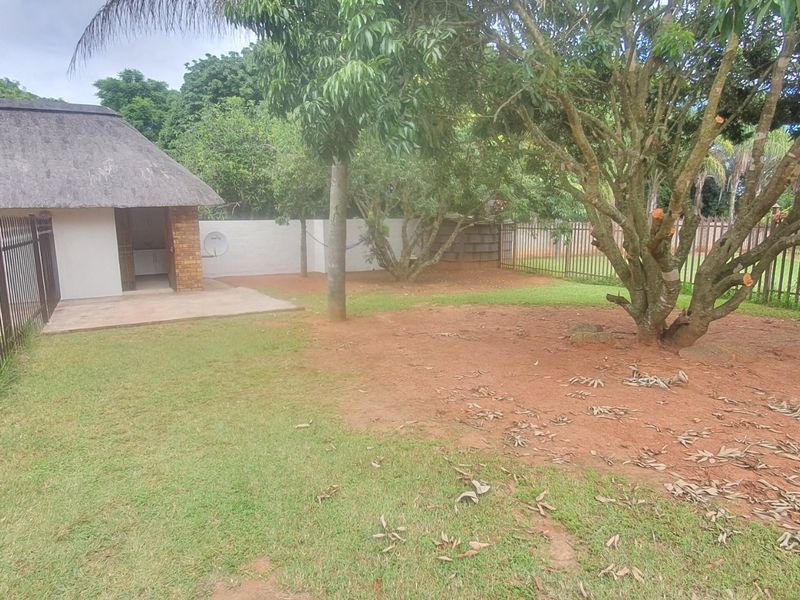 A rear garden area featuring a thatch-roofed structure, concrete patio, and metal perimeter fencing, with established trees and open lawn space.