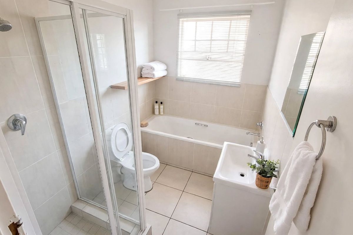 A clean, functional bathroom featuring a separate shower enclosure, bathtub, vanity basin, and neutral wall and floor tiling.