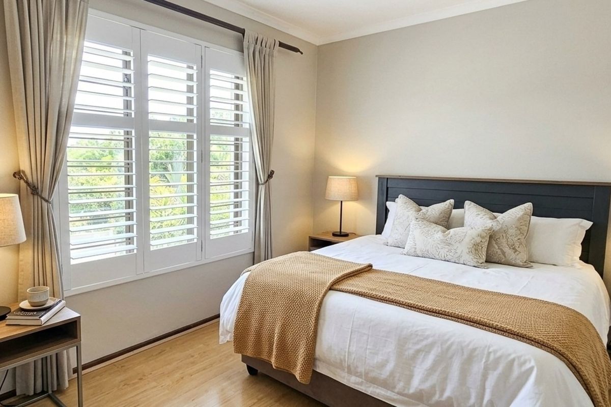 A well-maintained bedroom featuring light laminate flooring, neutral walls, and white plantation shutters that provide natural light and privacy.