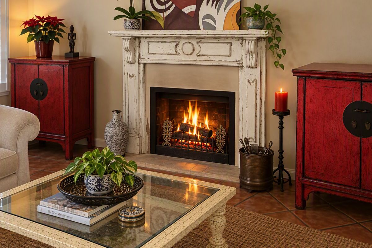 A cozy living room featuring a decorative fireplace with a classic mantelpiece and warm tiled flooring.