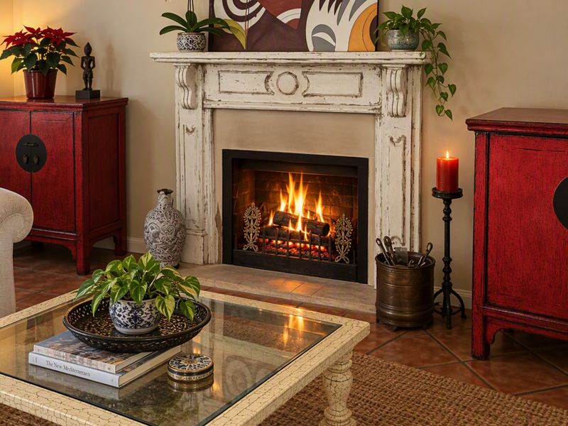 A cozy living room featuring a decorative fireplace with a classic mantelpiece and warm tiled flooring.