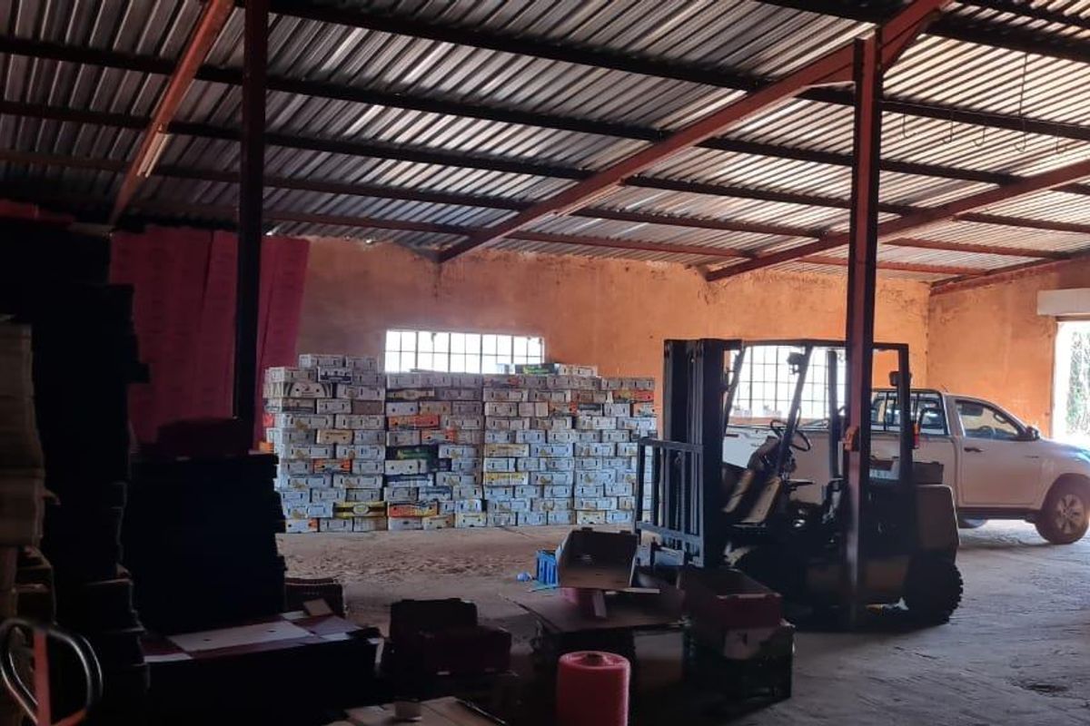 A large industrial utility space or storage shed featuring exposed steel beams, corrugated metal roofing, and concrete flooring, suitable for agricultural or commercial storage.