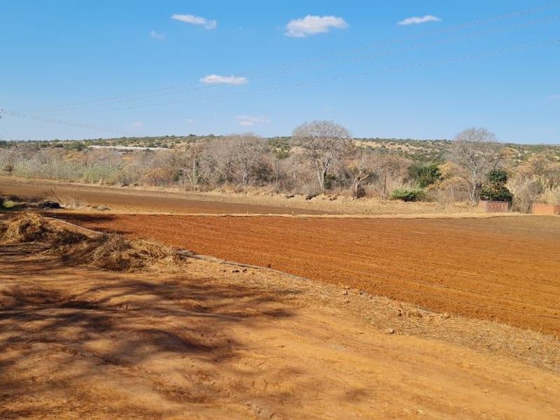 Expansive view of open farmland with prepared soil and irrigation infrastructure, set against a natural rural landscape.