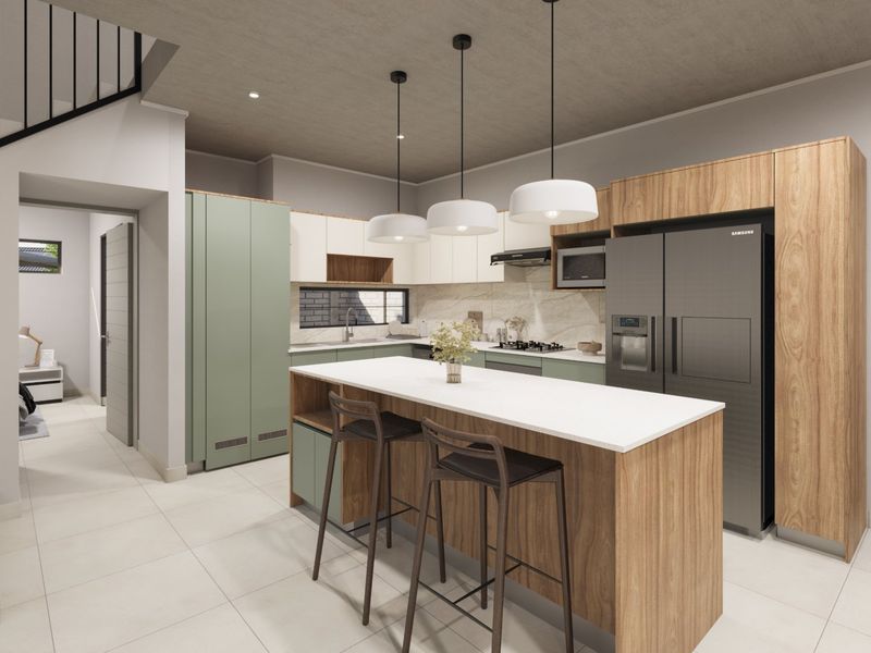 Modern kitchen featuring a central island, stone countertops, integrated cabinetry, gas hob, and high-quality finishes in an open-plan layout.