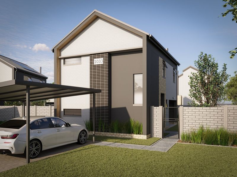 Modern two-story residential facade featuring a combination of white and dark grey finishes, a private carport, and a secure gated entrance.