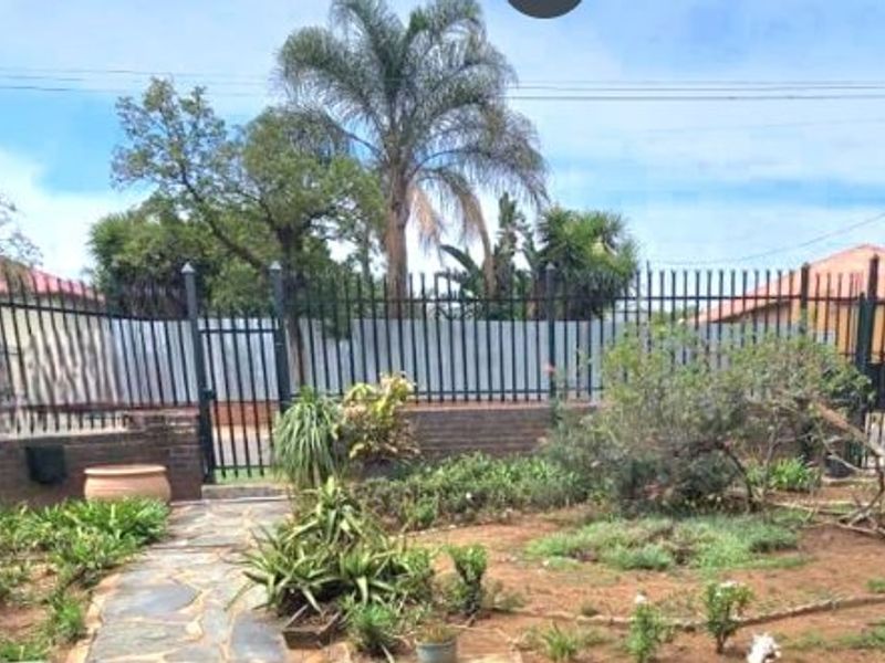 Front garden area featuring a paved walkway, mature palm tree, and secure metal perimeter fencing with a gated entrance.