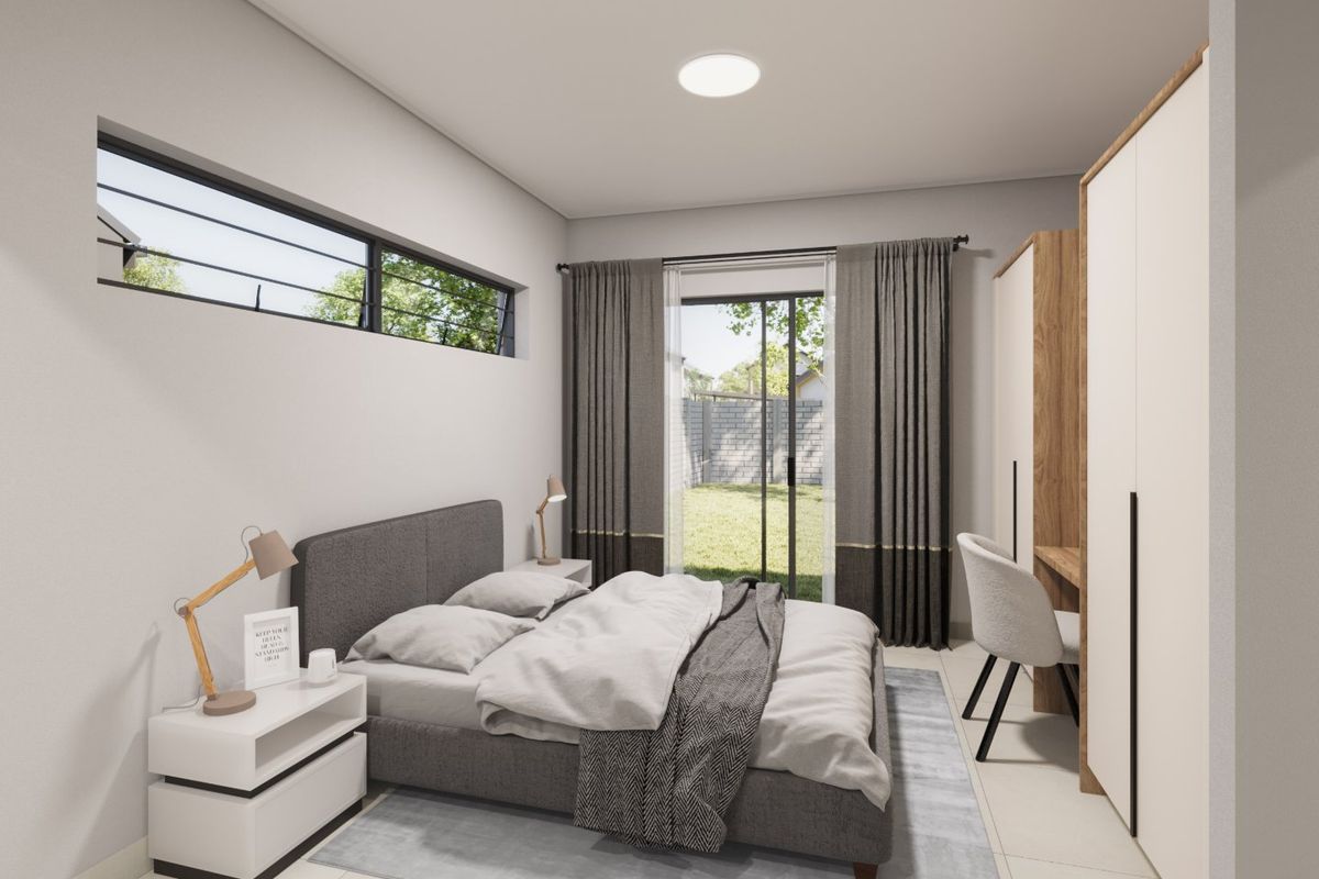 Modern bedroom featuring built-in cupboards, a sleek horizontal window, and a sliding glass door providing direct access to the garden.