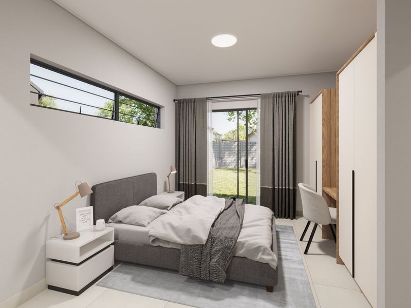 Modern bedroom featuring built-in cupboards, a sleek horizontal window, and a sliding glass door providing direct access to the garden.