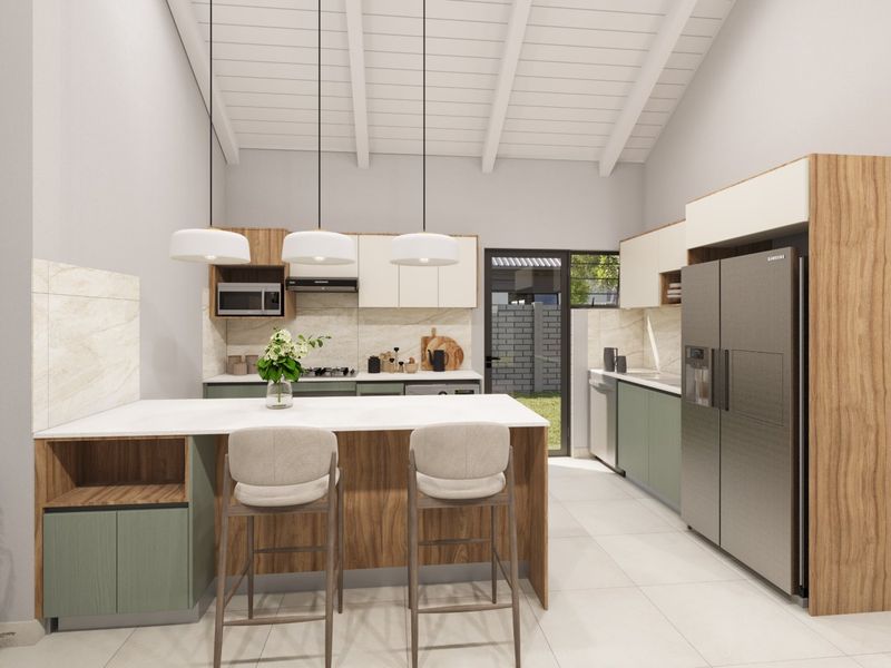 Modern kitchen featuring a central island, stone countertops, built-in cabinetry, and high vaulted ceilings with exposed beams, leading to an outdoor area.