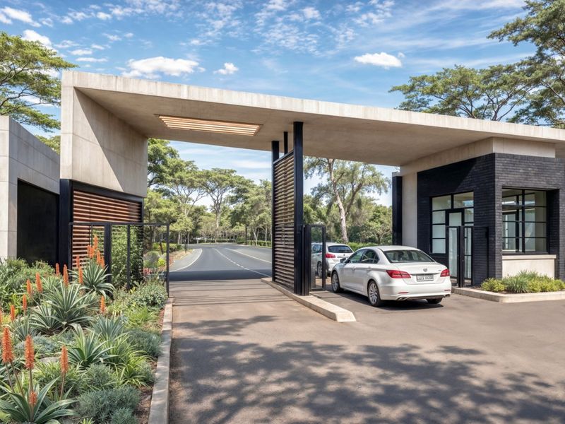 Modern gated estate entrance featuring a prominent concrete canopy, security gatehouse, and landscaped driveway approach.