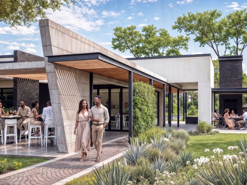 A modern covered patio area featuring concrete architectural elements, timber ceiling details, and seamless access to the landscaped garden and outdoor dining space.