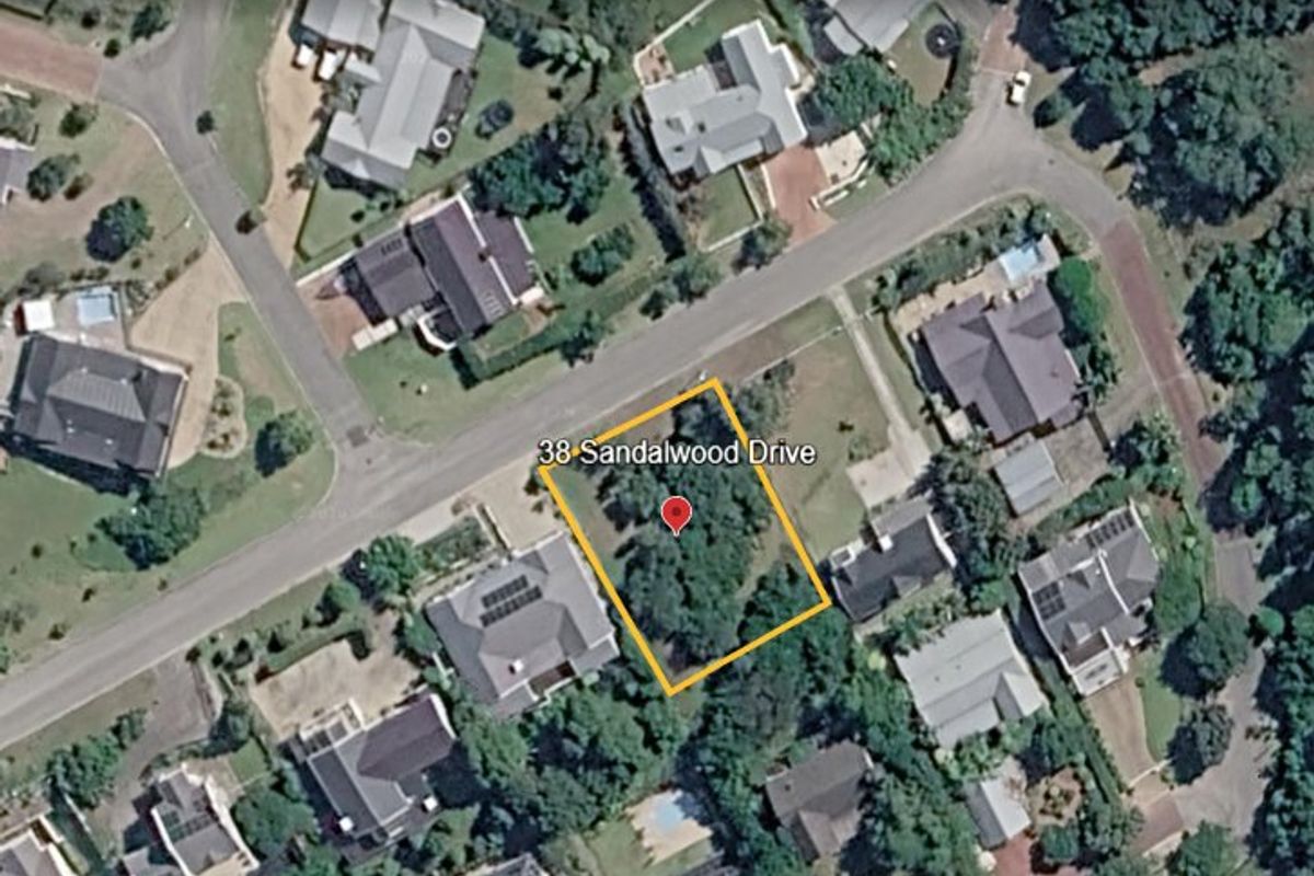 Aerial view of the residential vacant land plot located at 38 Sandalwood Drive, showing the site boundaries and surrounding neighborhood context.