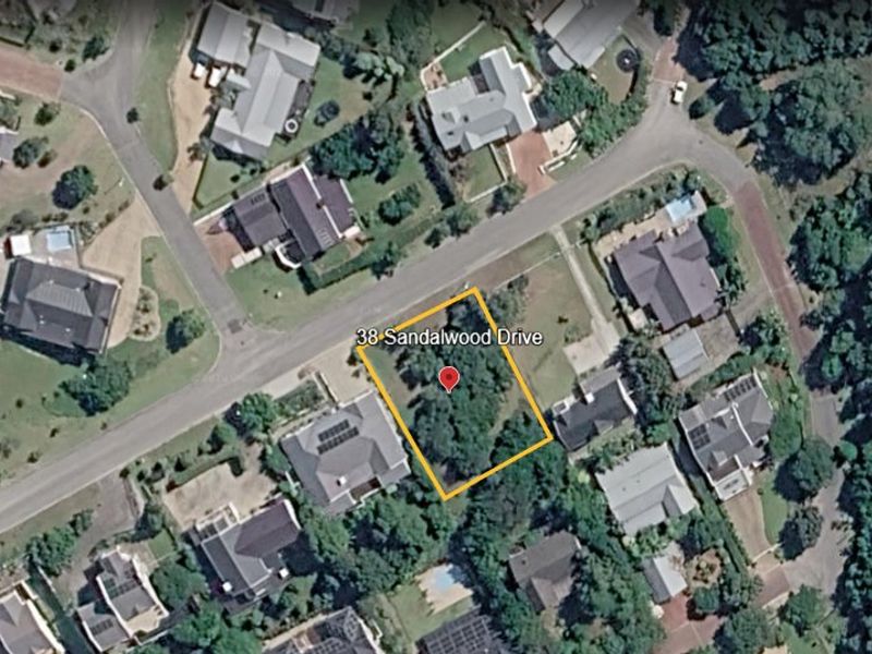 Aerial view of the residential vacant land plot located at 38 Sandalwood Drive, showing the site boundaries and surrounding neighborhood context.