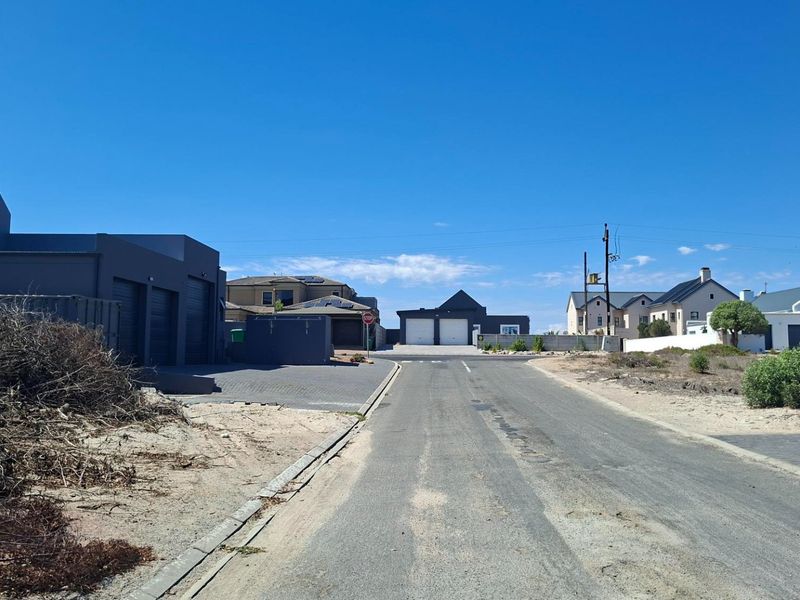 A street view of a residential neighborhood featuring paved roads, driveways, and surrounding modern residential properties under a clear blue sky.