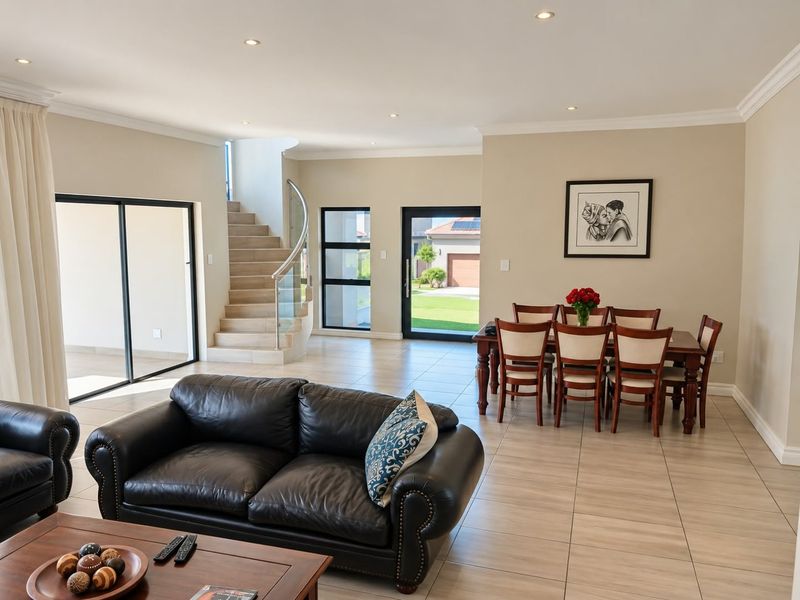Spacious open-plan living and dining area featuring tiled floors, recessed lighting, and a modern staircase with a glass balustrade leading to the upper level.