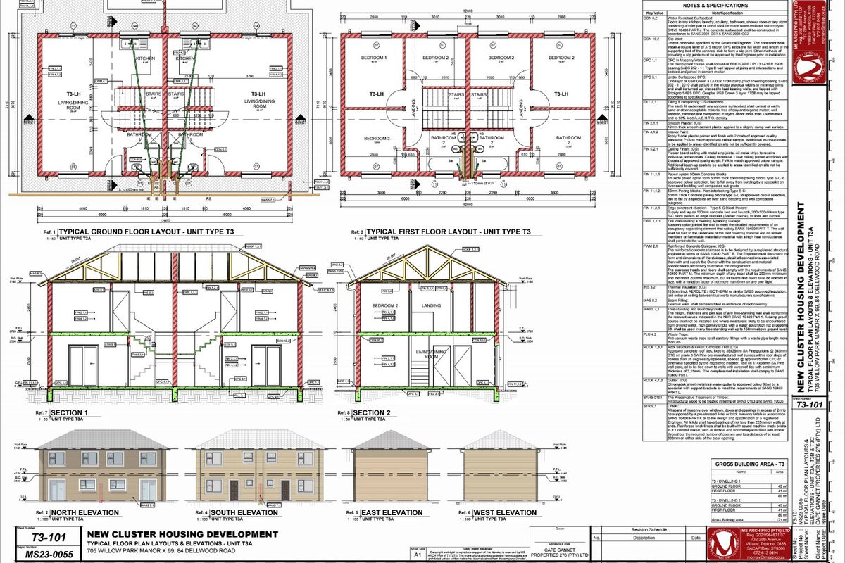 Architectural floor plan and elevation drawings for a cluster housing development, detailing layout, structural sections, and technical building specifications.