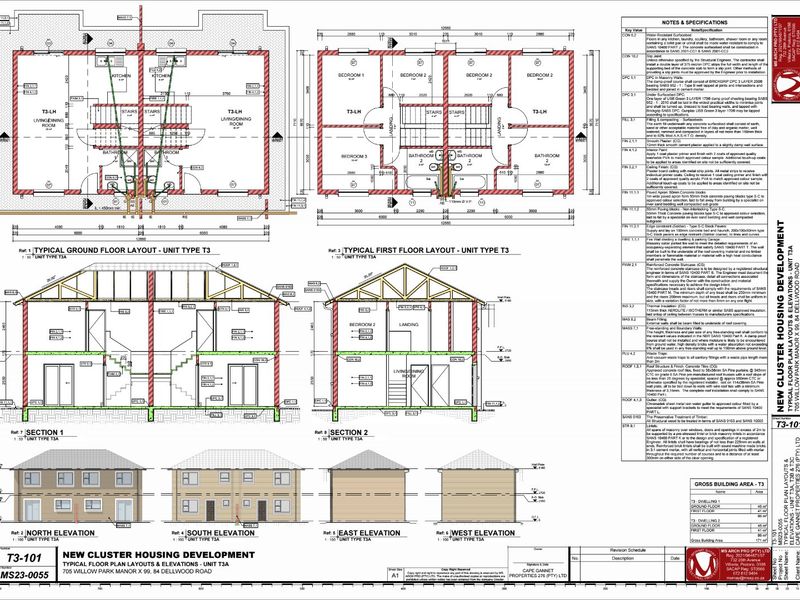 Architectural floor plan and elevation drawings for a cluster housing development, detailing layout, structural sections, and technical building specifications.