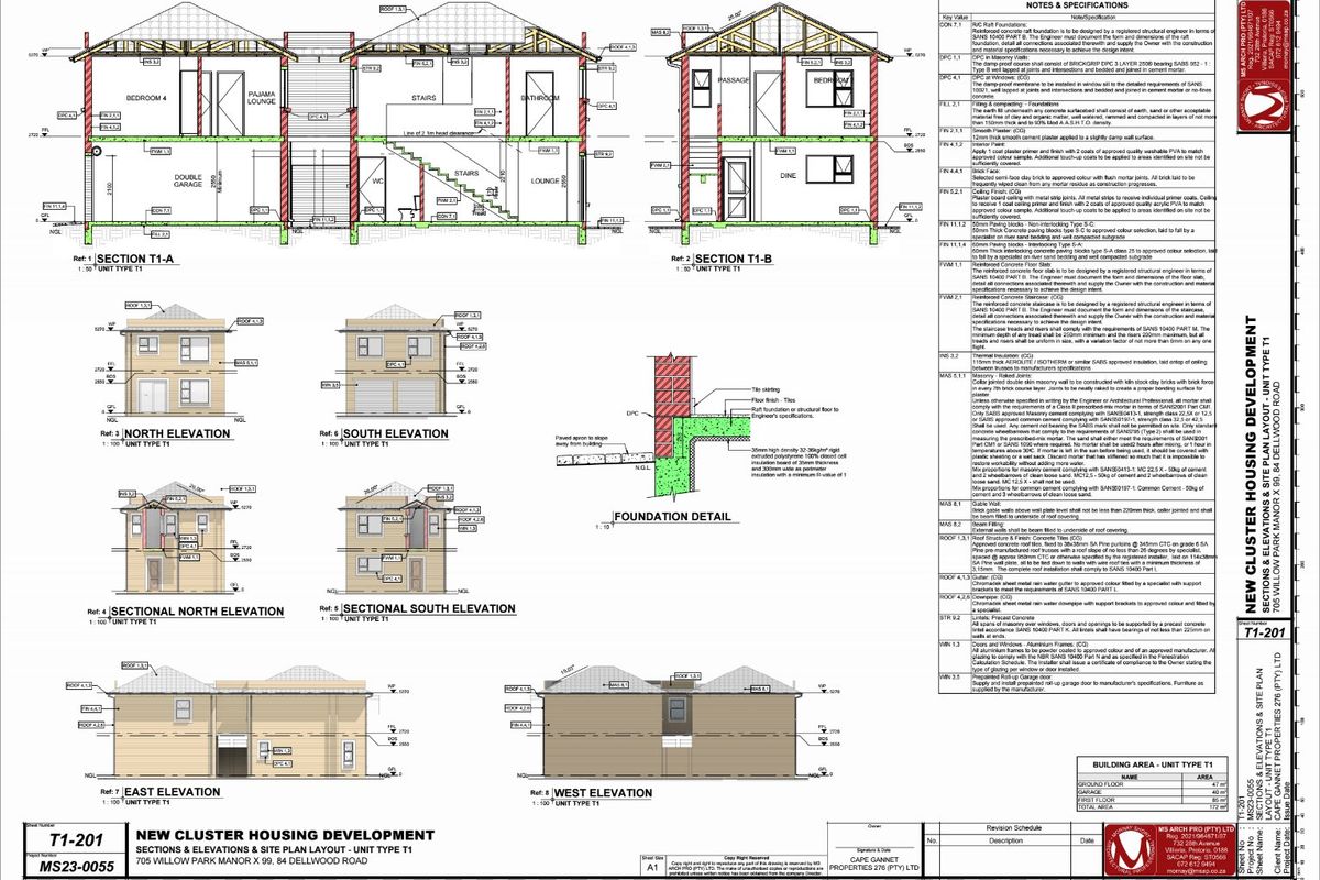 Architectural floor plan and elevation drawings for a townhouse unit, detailing structural specifications, building sections, and site layout.