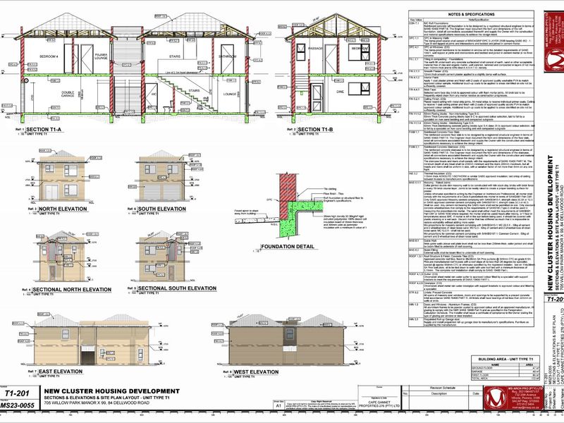 Architectural floor plan and elevation drawings for a townhouse unit, detailing structural specifications, building sections, and site layout.