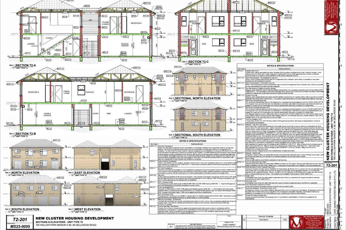 Architectural floor plan and elevation drawings for a townhouse unit, detailing structural sections, room layouts, and construction specifications.