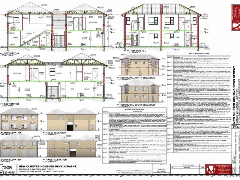 Architectural floor plan and elevation drawings for a townhouse unit, detailing structural sections, room layouts, and construction specifications.