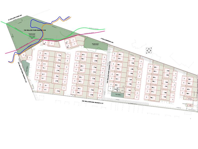 A site development plan showing the layout of the residential estate, including individual plots, recreational open spaces, and surrounding road access.