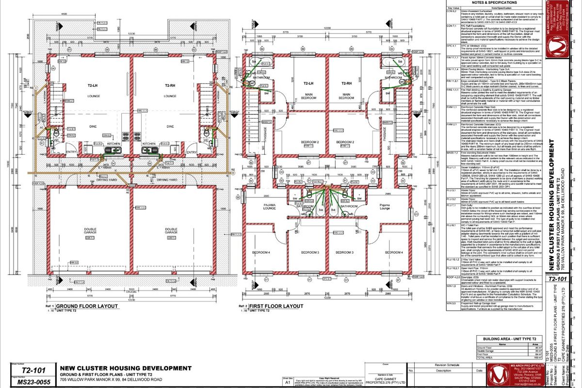 Architectural floor plan for a double-story townhouse unit featuring a double garage, open-plan living areas, four bedrooms, and multiple bathrooms.