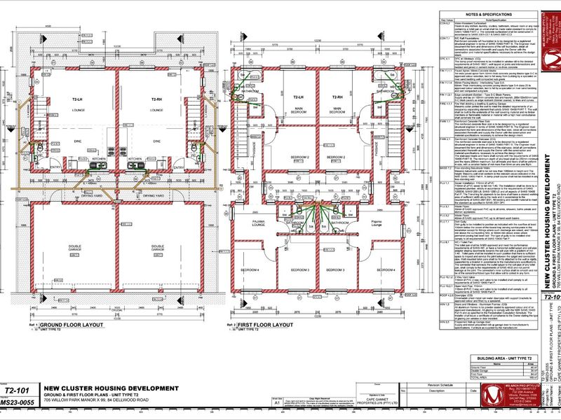 Architectural floor plan for a double-story townhouse unit featuring a double garage, open-plan living areas, four bedrooms, and multiple bathrooms.
