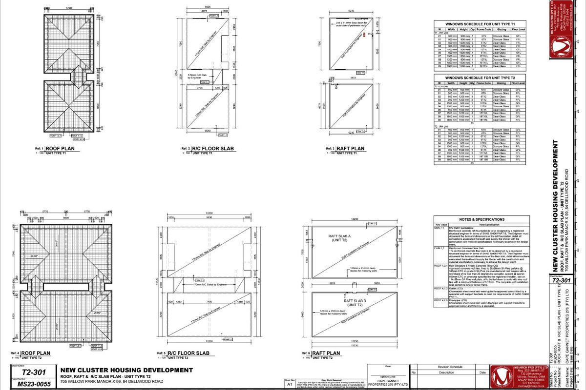 Architectural floor plan and structural layout for townhouse unit types T1 and T2, including roof plans, slab details, and window schedules.