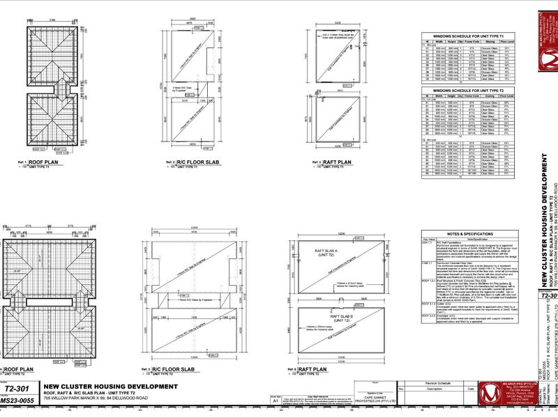 Architectural floor plan and structural layout for townhouse unit types T1 and T2, including roof plans, slab details, and window schedules.