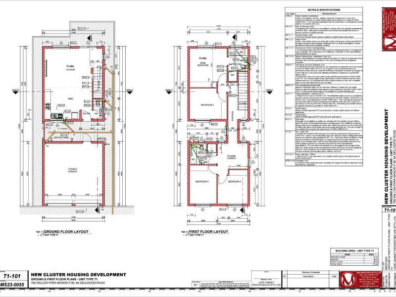 Architectural floor plan for a double-story townhouse unit featuring a double garage, open-plan living areas, four bedrooms, and a pajama lounge.