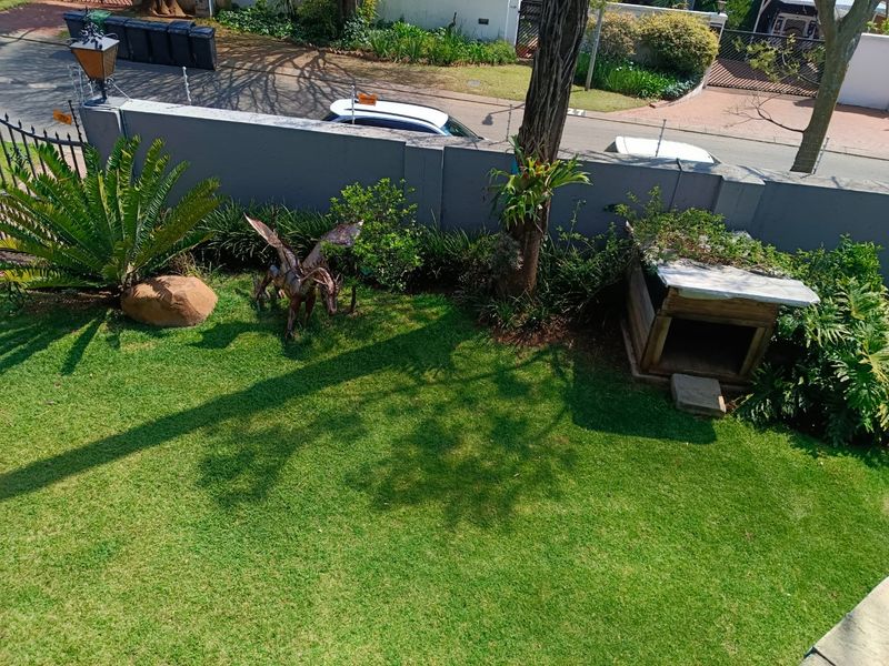 A well-maintained residential garden featuring a manicured lawn, perimeter wall with electric fencing, and established landscaping.